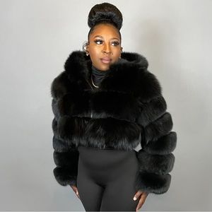100% Genuine Fox Fur Cropped Jacket w/ Hood